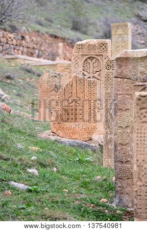 Sacred place at Ancient monastery Noravank in the mountains in Amaghu valley, Armenia. Was founded in 1205. 