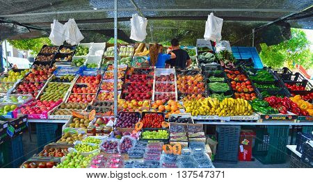 Cartama, Andalucia, Spain - June 26, 2016: Colourful fruit and vegetable market stall Cartama Spain.
