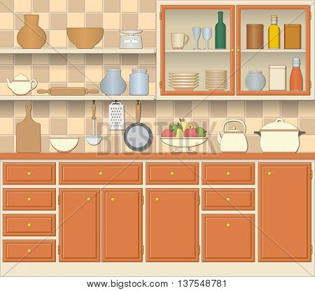 Kitchen interior and cooking utensils in retro style. Furniture cupboard bowl of fruit. Vector illustration.
