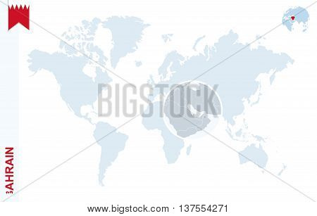 Blue World Map With Magnifying On Bahrain.