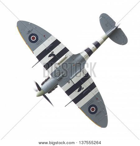 Leeuwarden, The Netherlands - June 11, 2016: A Vintage Spitfire Fighter Plane Makes A Low Flypast Fo