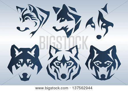 Illustration of dark blue wolf head logo on blue background