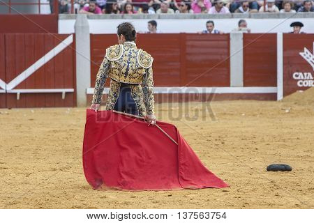 Pozoblanco Spain - September 23 2011: The Spanish Bullfighter David Fandila El Fandi bullfighting with the crutch in the Bullring of Pozoblanco Spain
