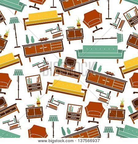 Living room furniture and interior accessories background with seamless pattern of retro couches, armchairs and chests of drawers, shelves and bedside tables with books and vases, tv sets and lamps