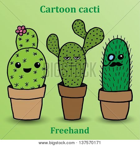 Vector illustration cute freehand drawing three cactus