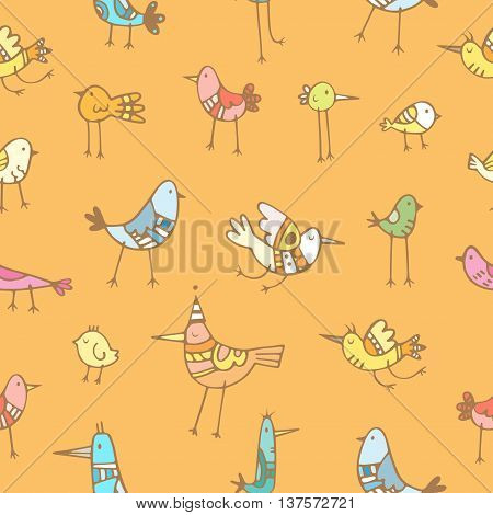 Seamless pattern with cute cartoon colorful birds on orange background. Vector contour image. Doodle style.