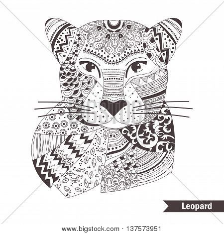 Leopard. Coloring book for adult, antistress coloring pages. Hand drawn vector isolated illustration on white background. Henna mehendi, tattoo sketch
