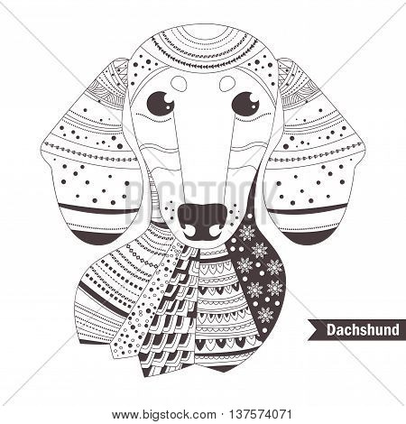 Dachshund. Coloring book for adult, antistress coloring pages. Hand drawn vector isolated illustration on white background. Henna mehendi, tattoo sketch