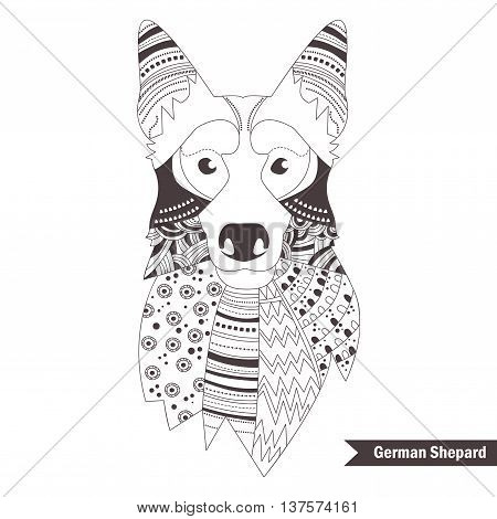 German shepherd. Coloring book for adult, antistress coloring pages. Hand drawn vector isolated illustration on white background. Henna mehendi, tattoo sketch