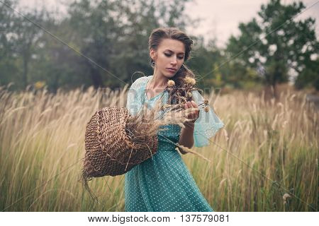 Young woman in golden wheat. Summer. Dlue dress.