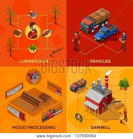 Lumberjack 2x2 isometric design concept set of wood processing and sawmill compositions woodcutter tools and vehicles for lumber transportation icons flat vector illustration