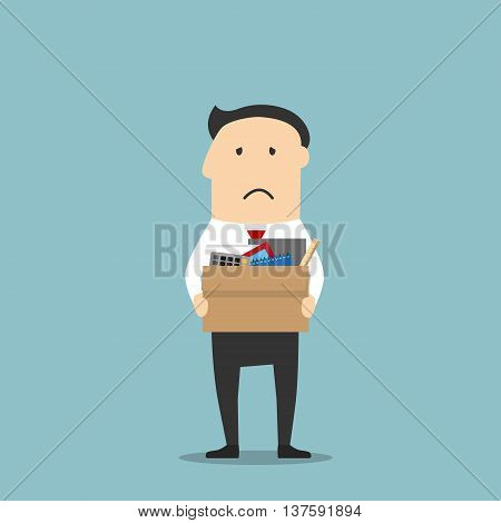 Disappointed jobless cartoon businessman is carrying a cardboard box with personal belongings, leaving office after being fired. Use as unemployment, financial crisis and depression theme design