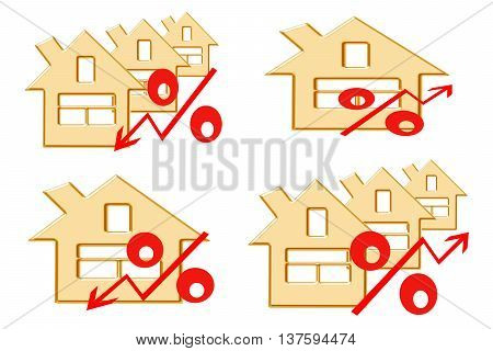 Red percent sign on the background of houses . The concept of price changes on the real estate market