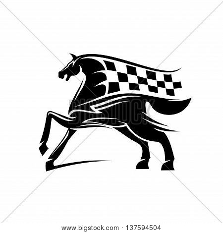 Speed and power racehorse pawing foreleg black silhouette with flowing mane and tail in a shape of race flag ornated by tribal ornamental elements. Use as motorsport badge or equestrian theme design