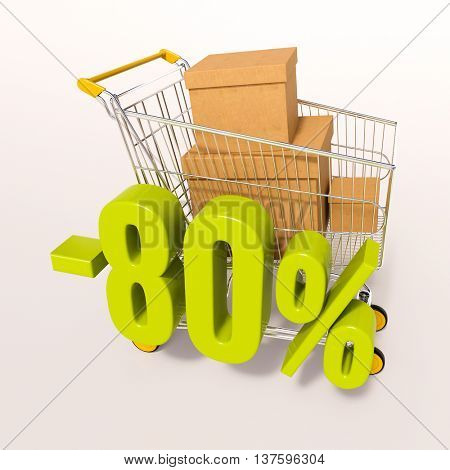 3d render: shopping cart and green 80 percentage discount sign on white