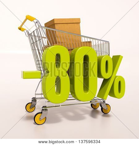 3d render: shopping cart and green 80 percentage discount sign on white