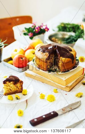 Traditional Homemade Chocolate Cake. Rustic Style And Natural Li