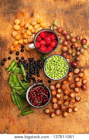 Colorful Mix Of Fruits On Black Background. View From Above. Fresh Organic Berries ,  So You Can Eat