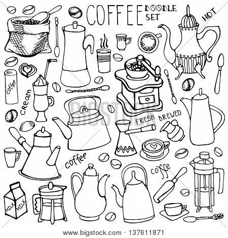 Coffee theme doodle sketches.Hand drawn rough linear beans, lettering, tableware, various kinds of coffee ingredients, devices for coffee making. Vector isolated on white background for cafe menu, fliers