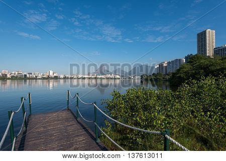 Small Pier in Rodrigo de Freitas Lagoon in Rio de Janeiro, Brazil.
