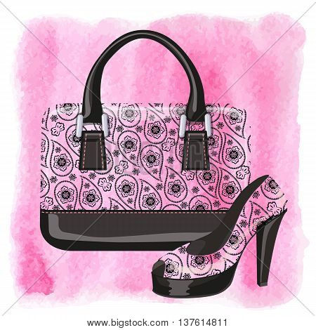 Fashion handbag with high heel shoes.Gorgeous Paisley pattern and watercolor textured splash background.Artistic  Vector illustration.Composition in pink and black colors.Shopping Poster