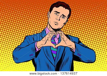 I love you gesture heart man. Pop art retro vector, realistic hand drawn illustration.