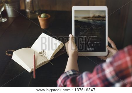 Tablet Searching Flight Travel Booking Concept