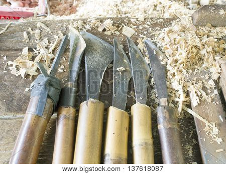Vintage Wood-turning tools used with turning wood on a lathe.