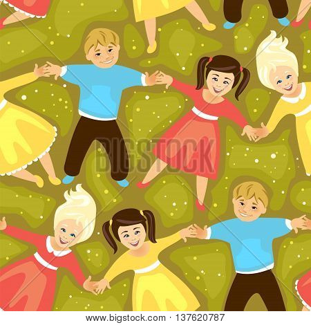 Seamless vector pattern - childrens lie on the grass and holding hands