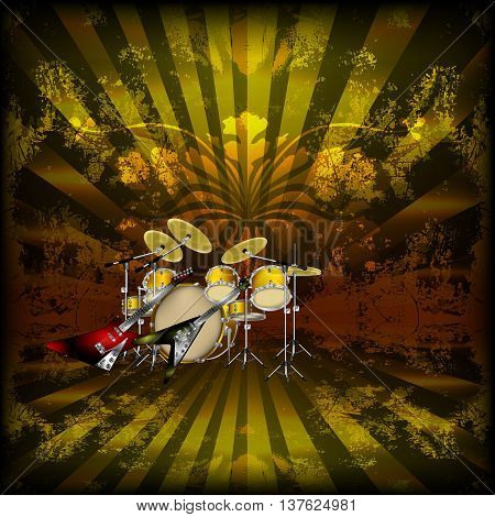 Vector illustration of a bright background music with rock guitars and drums. You can use any text or image on a black background.