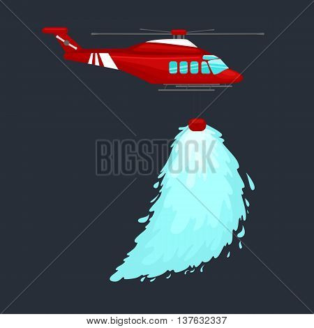 red emergency propeller helicopter in the air with water for extinguish danger fire. Rescue aircraft flight water transportation isolated vector illustration