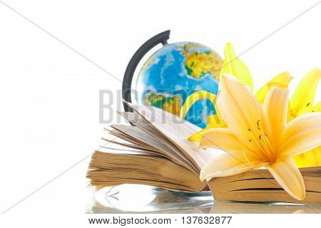 Globe with books and flowers on a white background
