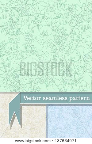 Monochrome cartoon seamless pattern with animals and flowers.