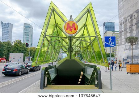 Warsaw Poland - July 26 2015: One of the main entrances of the subway station in the center of Warsaw.