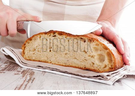 Baker holding and cutting fresh made bread isolated on white background. Baker and bakery.