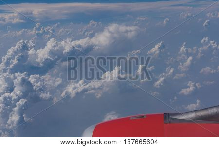 Beautiful blue sky and cloud view from an airplane window.