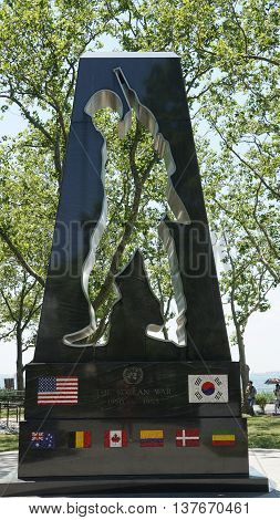 NEW YORK, NY - JUN 19: Korean War Memorial in Battery Park in New York, as seen on Jun 19, 2016. It honors military personnel who served in Korean Conflict 1950-1953. It was designed by Mac Adams.