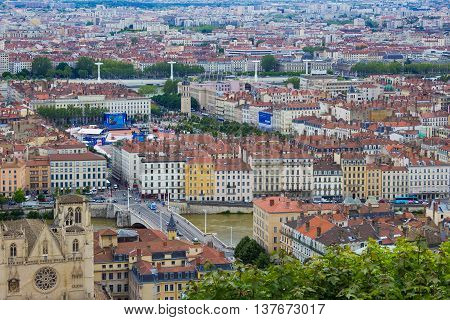 LYON, FRANCE - JUNE 16, 2016: aerial view of the city skyline with the fan zone of the European Football Championship EURO 2016