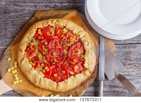 Homemade Summer Outdoor Pie With Tomatoes, Corn And Thyme. Galette With Vegetables