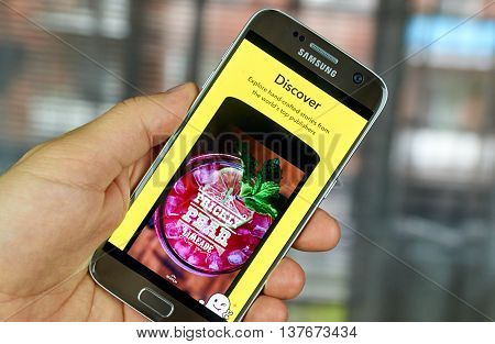 MONTREAL CANADA - JULY 1 2016 - Snapchat Discover on android cell smartphone. Snapchat is a mobile messaging application used to share photos videos text and drawings.