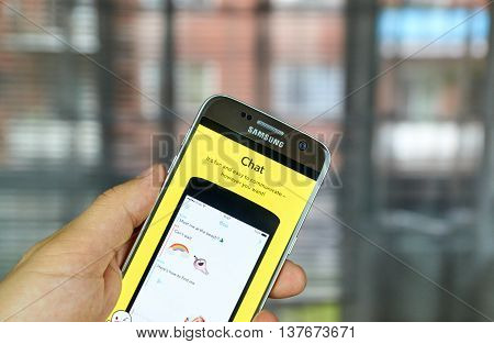 MONTREAL CANADA - JULY 1 2016 - Snapchat Chat on android cell smartphone. Snapchat is a mobile messaging application used to share photos videos text and drawings.