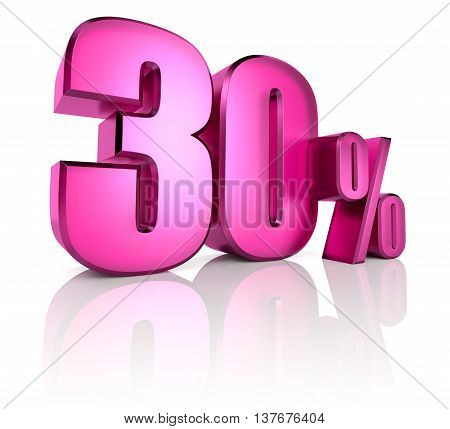 Pink thirty percent sign isolated on white background. 3d rendering