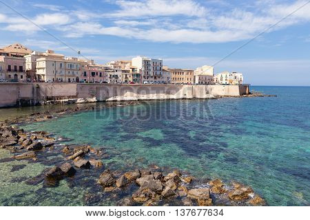 Coast of Ortigia island at city of Syracuse Sicily Italy