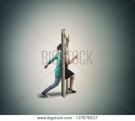 Young women enter throgh the door dressed casual and get out dressed elegant. Half casual half elegant .