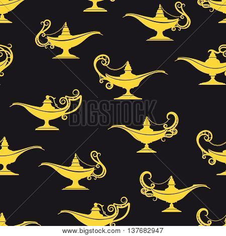 Black and yellow aladdin lamps seamless pattern. Vector illustration