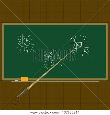 Game on blackboard tic tac toe. Ancillary items Pointer, sponge, chalk . School lesson. Vector illustration.