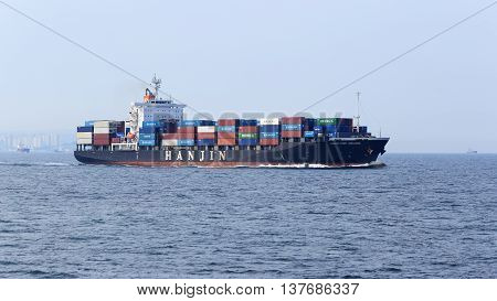 Onsan South Korea - June 3th 2016: Onsan vessel HANJIN PORT ADELAIDE on an exit from port.
