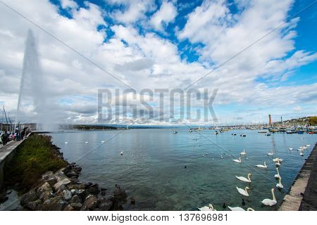 Wide Angle Into Lemans Lake At Geneva, Switzerland