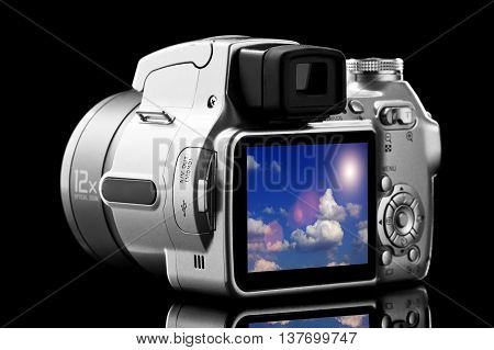 Isolated Photo Video Camera With Cloudscape On Display