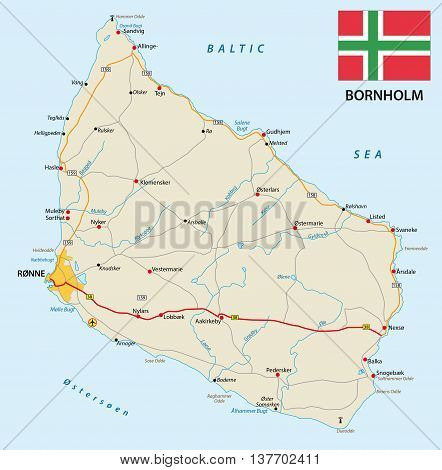vector road map of the Danish Iceland bornholm in the Baltic sea with flag